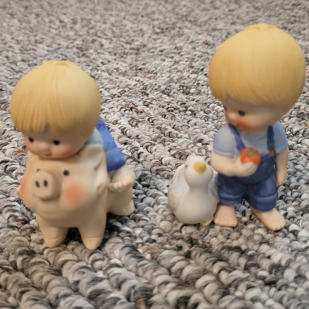 Enesco Country Cousins Blonde Boy Figurines with Pig and Duck